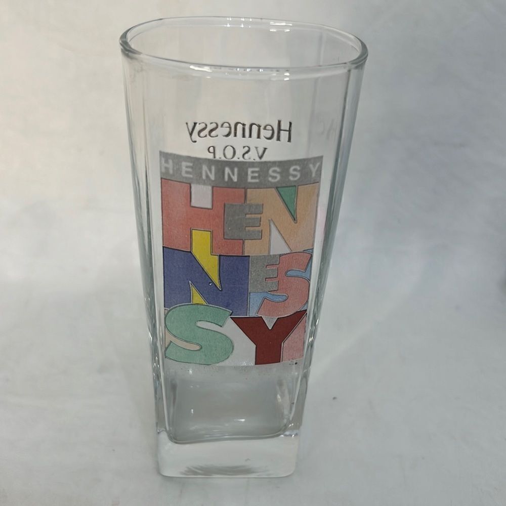 Hennessy V.S.O.P Glass 12 Oz 5 1/2 In Tall 2 1/2 In Square Top Pink Blue Green
